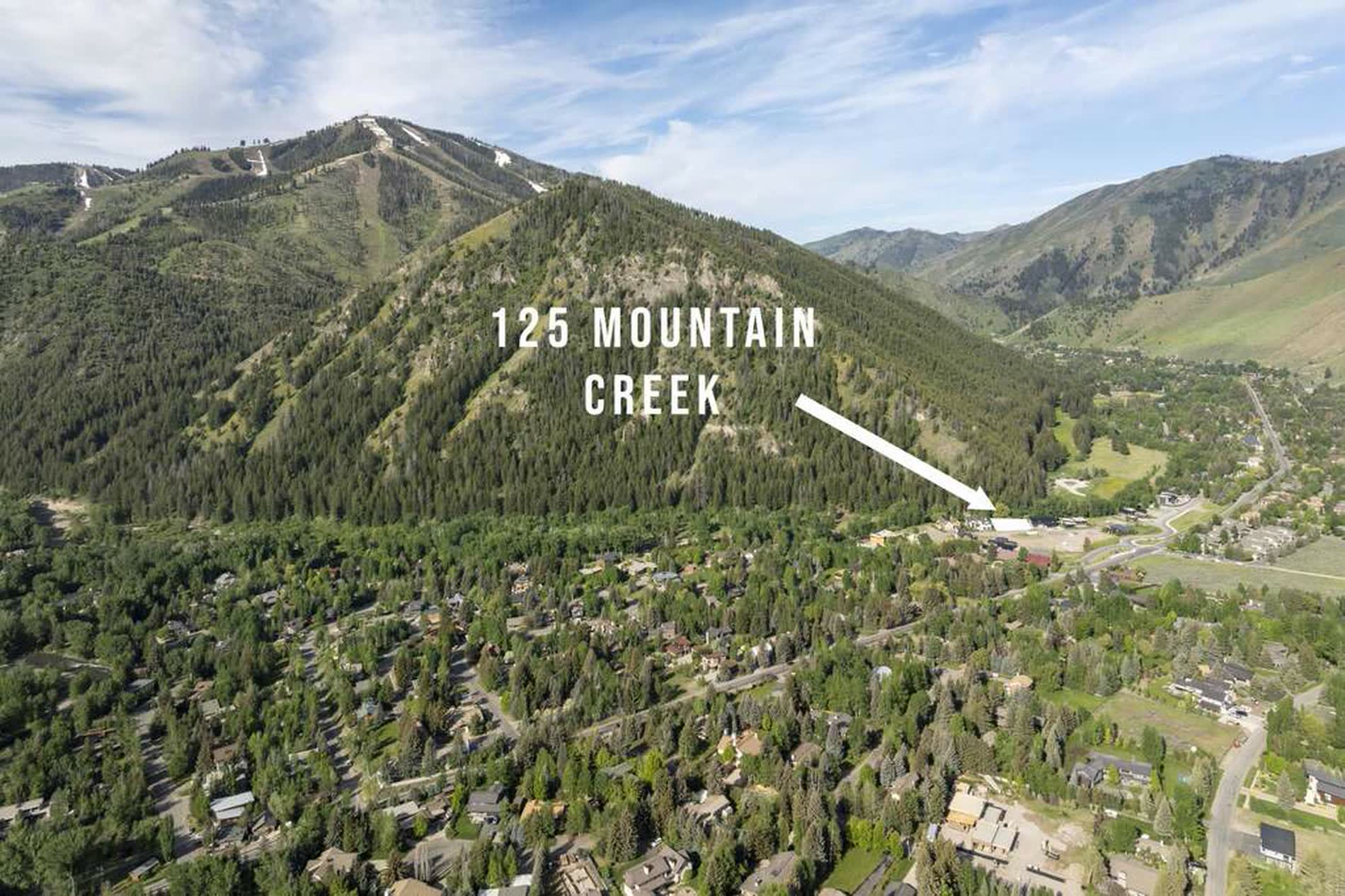 Aerial view of Ketchum from above the Warm Springs drainage with the homesite identified