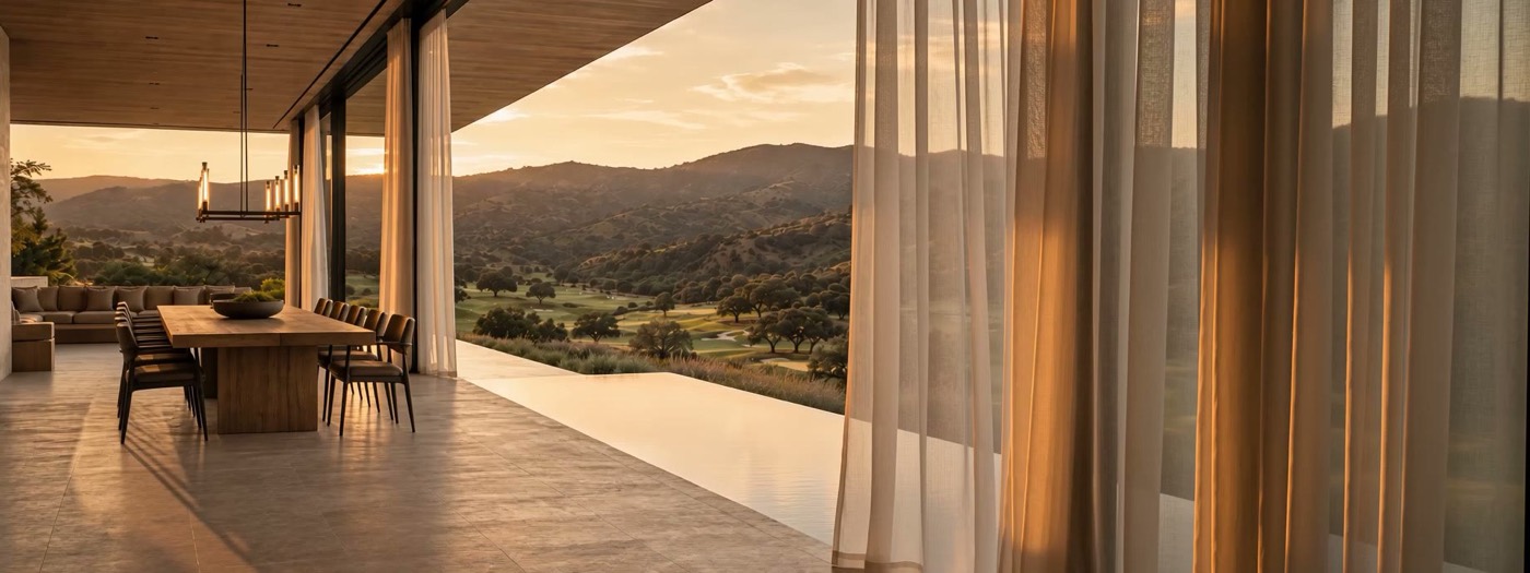 Sunset view over a private golf course from an open-air club home