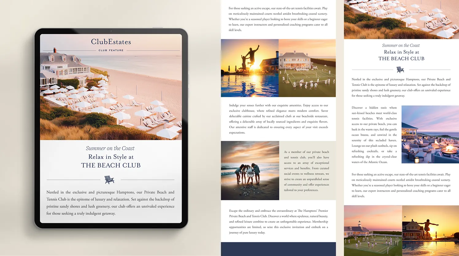 The beach club campaign email as a ClubEstates club feature, shown on a tablet and as full-length email panels