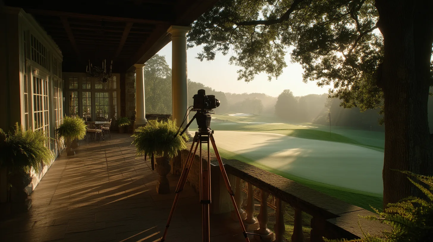 Medium-format camera on a tripod overlooking a golf course at dawn