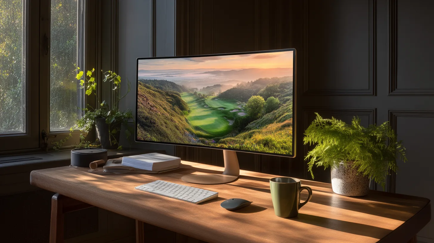 Designer desk with a monitor showing a golf course photograph