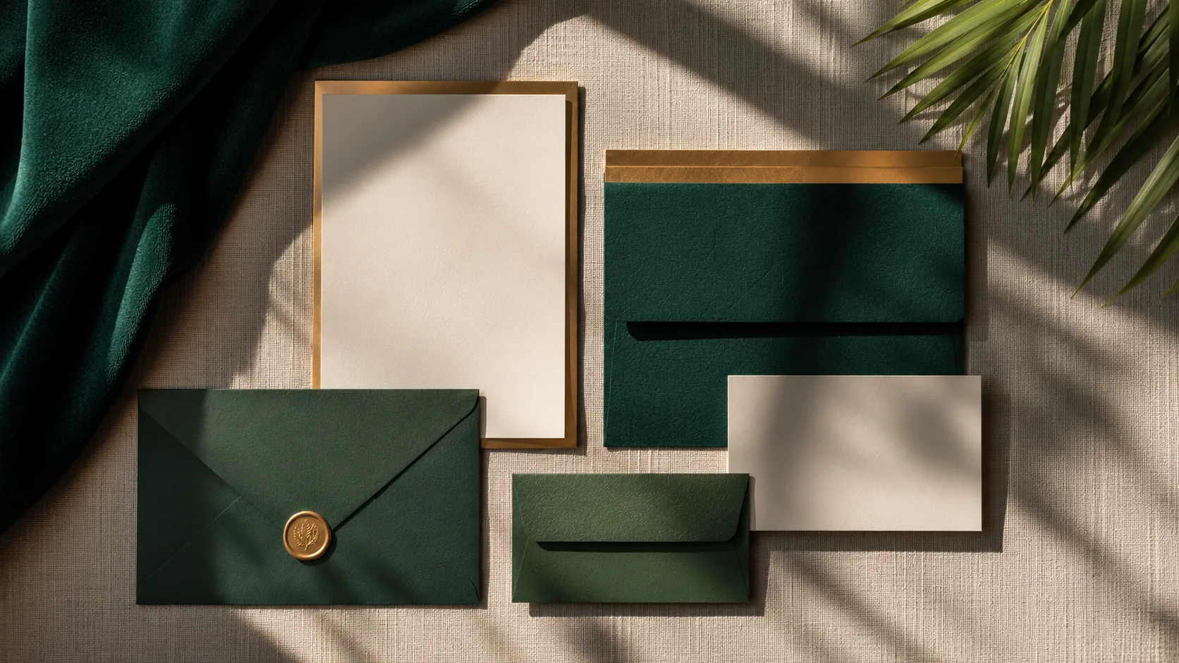 Blank letterpress cards and hunter-green brochure stock on linen