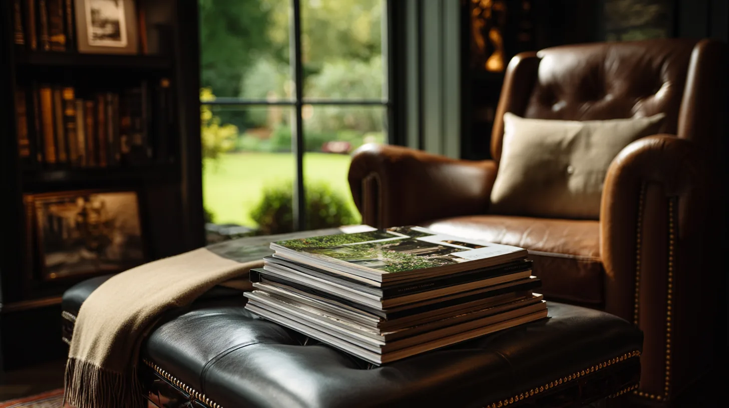 Stack of member magazines on a leather ottoman in a club library