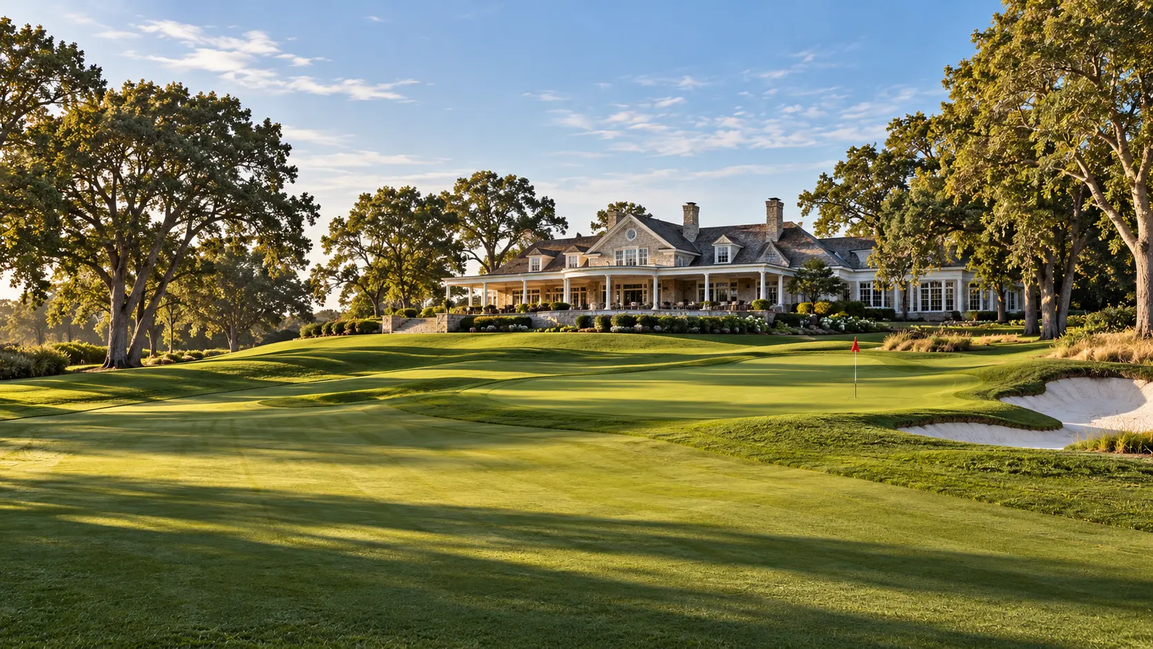 Private country club clubhouse above a manicured green — golf and country club marketing