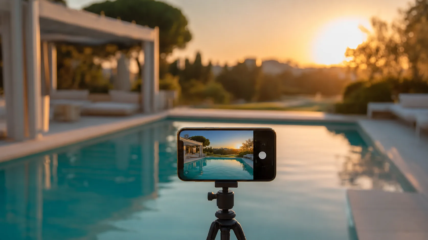 Phone on a tripod capturing a clubhouse pool at golden hour