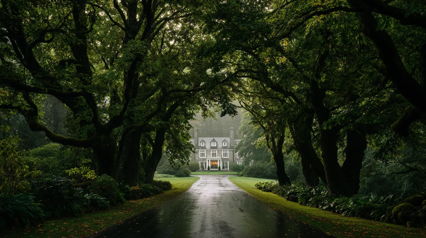 Clubhouse revealed at the end of a tree-lined drive in morning mist