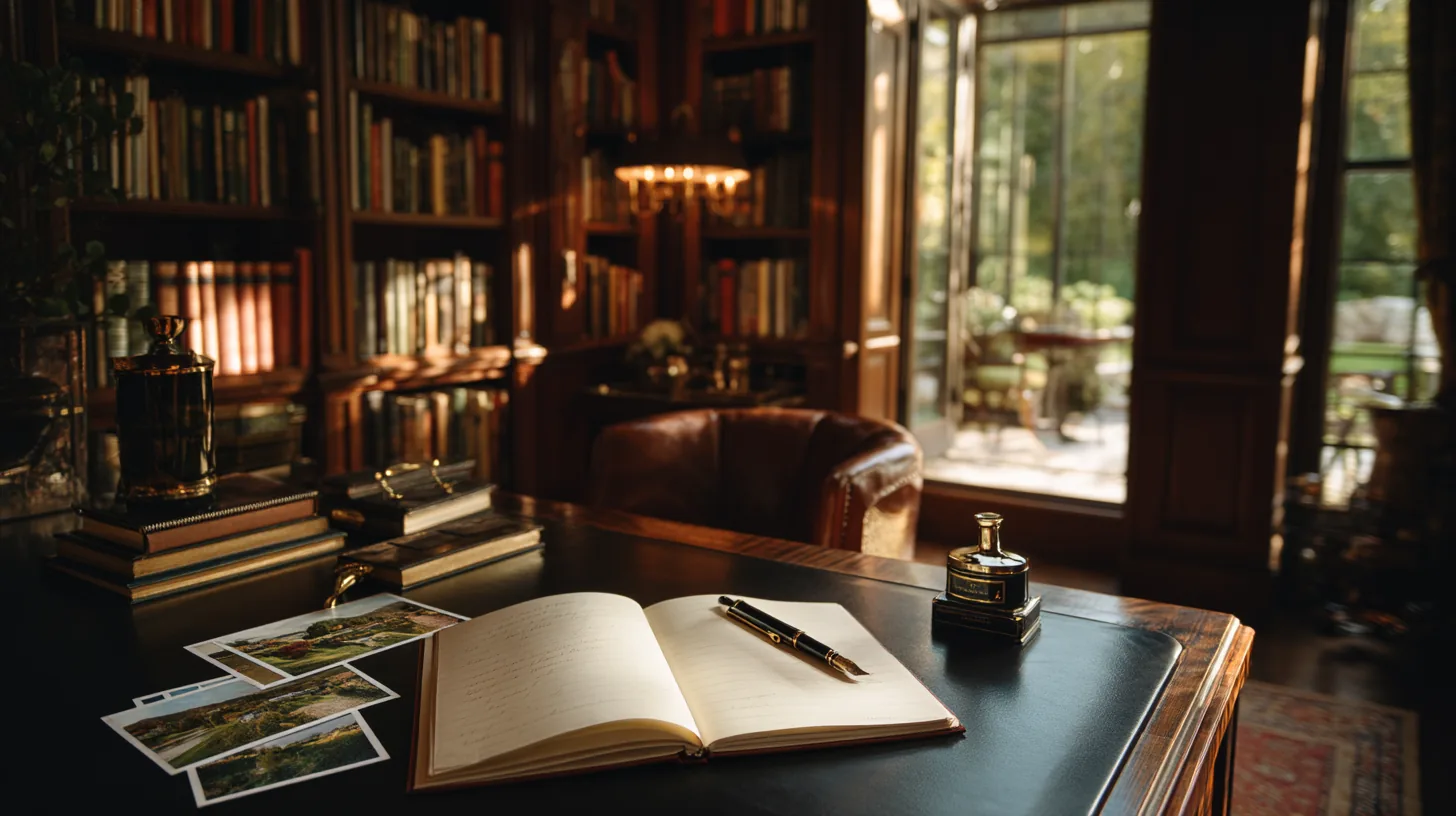 Editor&rsquo;s desk in a clubhouse library at magic hour