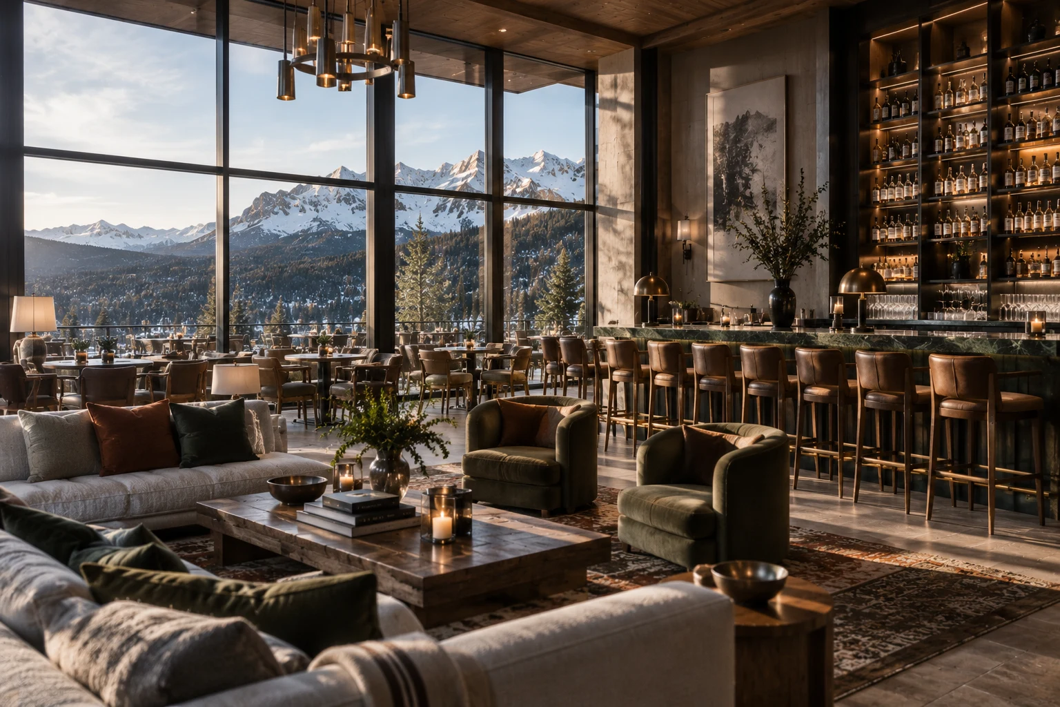 Mountain clubhouse lounge and bar with floor-to-ceiling windows facing snow-capped peaks