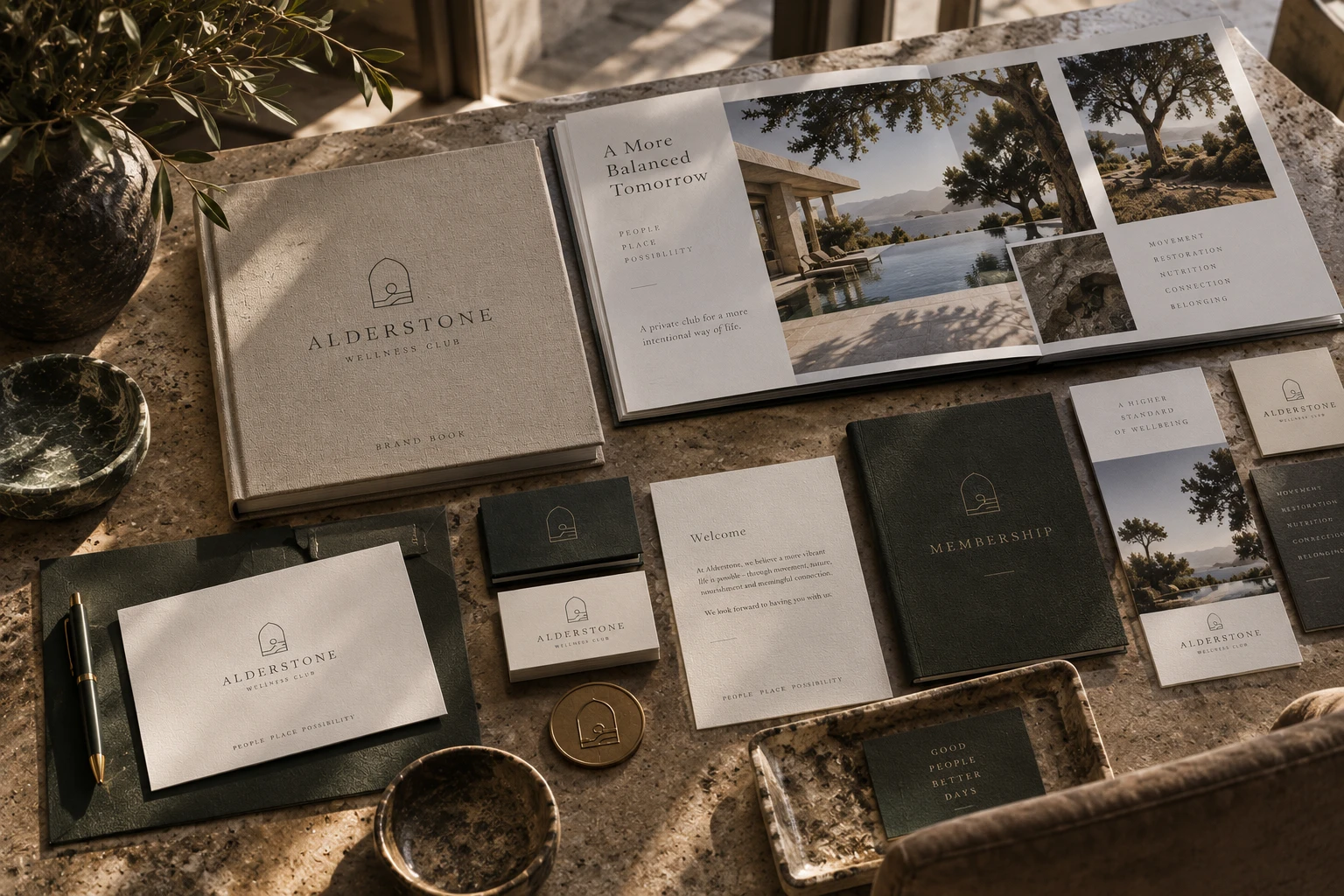 Private club branding concept: brand book, membership collateral and stationery