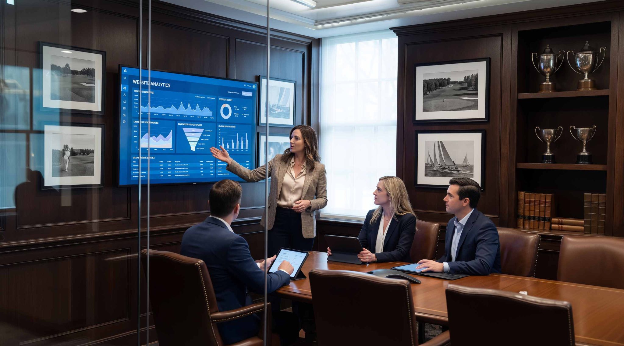 A businesswoman presenting website analytics in a modern boardroom with colleagues.