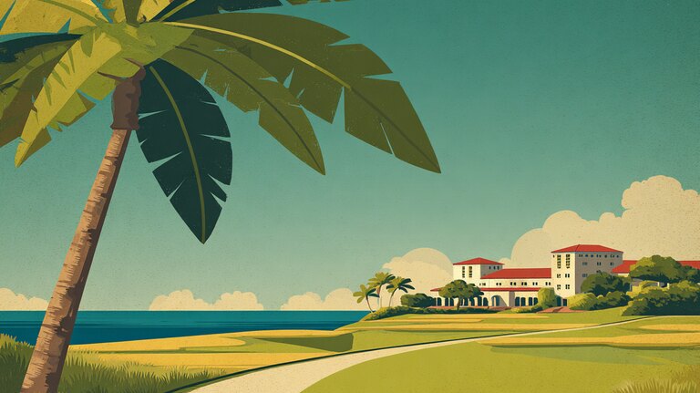 Editorial illustration of a coastal private golf club with a palm tree in the foreground and a Mediterranean-style clubhouse along the Atlantic horizon