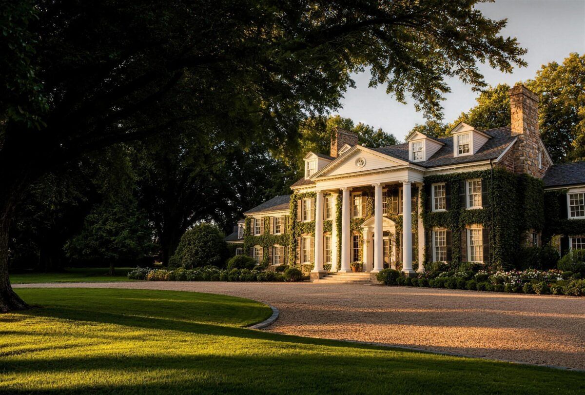 Ivy-clad Georgian clubhouse of an exclusive American private club at golden hour