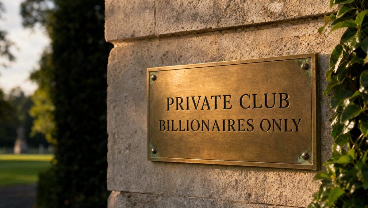 Aged brass plaque on a limestone gatepost at a private club entrance, engraved PRIVATE CLUB, BILLIONAIRES ONLY
